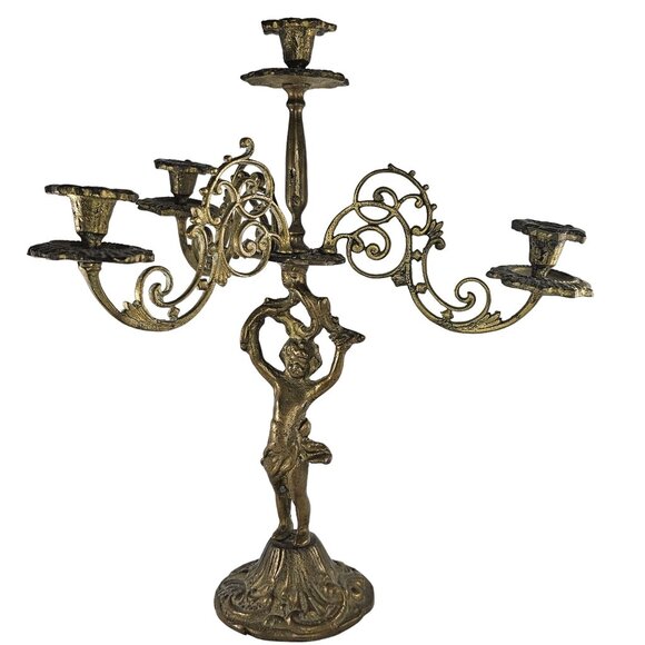Antique Victorian Cherub Candelabra Brass Cast Metal 3 Arms Candle Holder - Picture 1 of 12
